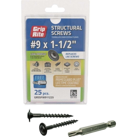 Grip-Rite GRSSFW911225 Grip-Rite PrimeGuard Plus #9 x 1.5 In. Flat Washer Head Structure Screw (25-Count) Black