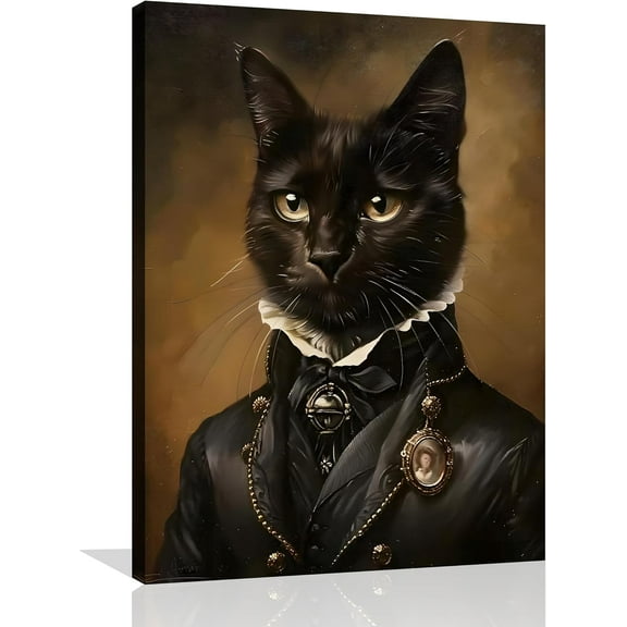 Aaheei Cat Portrait Wall Art Funny Black Cat Poster Gothic Cat Canvas Wall Art Victorian Renaissance Kitten Prints Goth Halloween Academia Kitten Painting for Living Room Bedroom