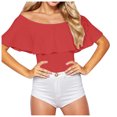 thumbnail image 2 of Gibobby pantalones holgados de oficina Mono ajustado con volantes y hombros descubiertos de color liso para mujer(Rojo， XL), 2 of 3