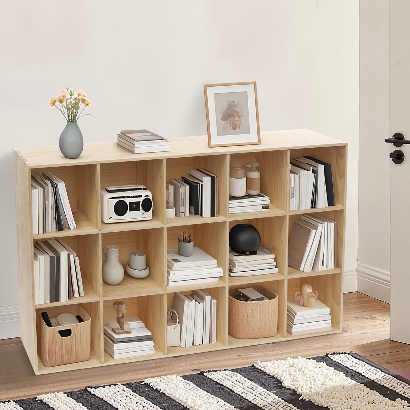 Modern Solid Wood Organizer, 59.06x11.81x35.43in 15-Cube Unit, Easy Assembly & Smooth Finish, Great for Dorms/Offices/Milk Tea Shops