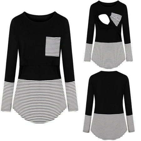 

Pregnant Gifts For First Time Mom Women Maternity Nursing Clothes Long Sleeve Patchwork Striped Breastfeeding Blouse Tops