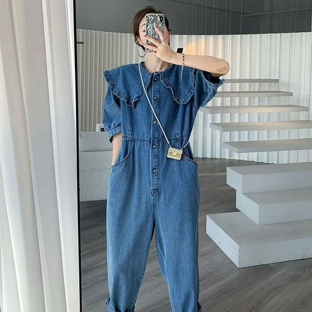 Combinaisons Femmes 2022 Nouvelle Mode Automne Printemps Jeans Col Poupée Solide Longueur Complète Taille Haute Combinaisons Amples pour Femmes
