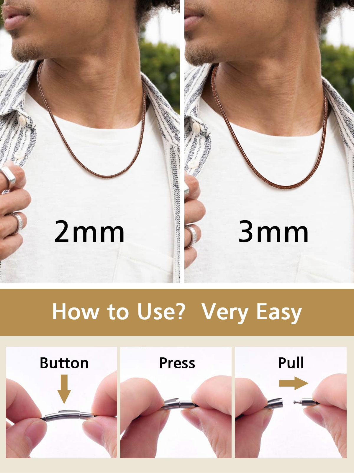 FindChic Men's Waterproof Braided Leather Cord Chain 2mm/3mm Width 16-30 inch Stainless Steel Necklace Brown Woven Wax Rope Chain for Pendant, with Gift Box