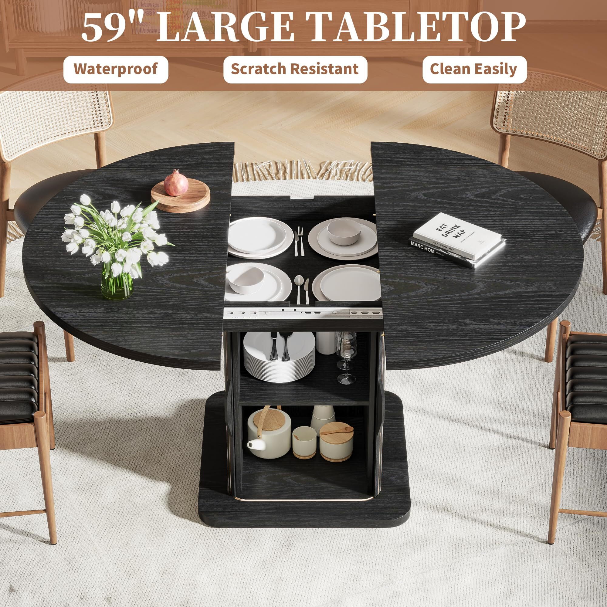 Extendable Round Dining Table for 4–8, 59" Modern Kitchen Table with Storage & Fluted Wood Sliding Door, Black