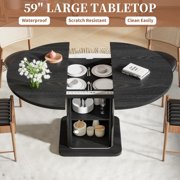 Extendable Round Dining Table for 4–8, 59 Modern Kitchen Table with Storage & Fluted Wood Sliding Door, Black