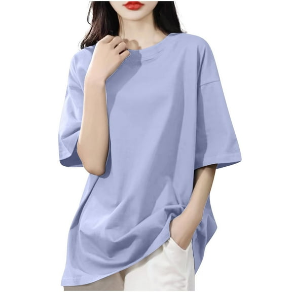 Posijego Women's Cotton T-Shirts Plain Basic Short Sleeve Crewneck Shirts Loose Oversized Tops for Women