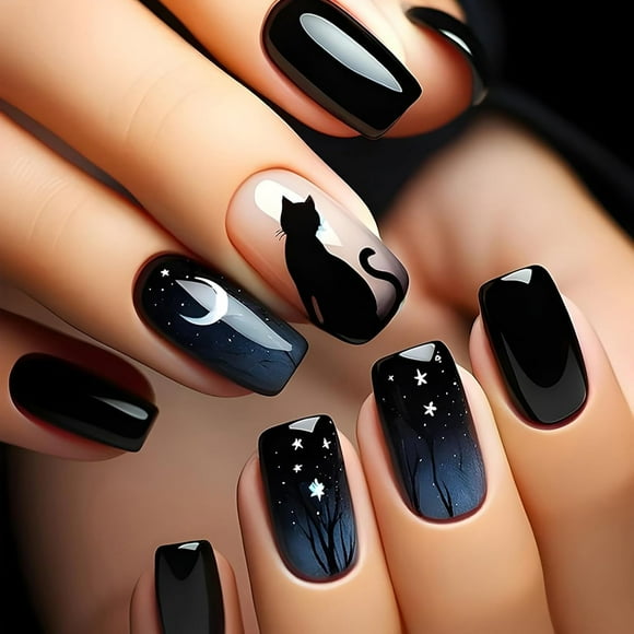 Halloween Press on Nails Medium Square Black Blue Obrem Fake Nails Black Cat Moon False Nails with Designs Full Cover Glossy Glue on Nails Stick on Nails Acrylic Nails for Women Girls 24Pcs