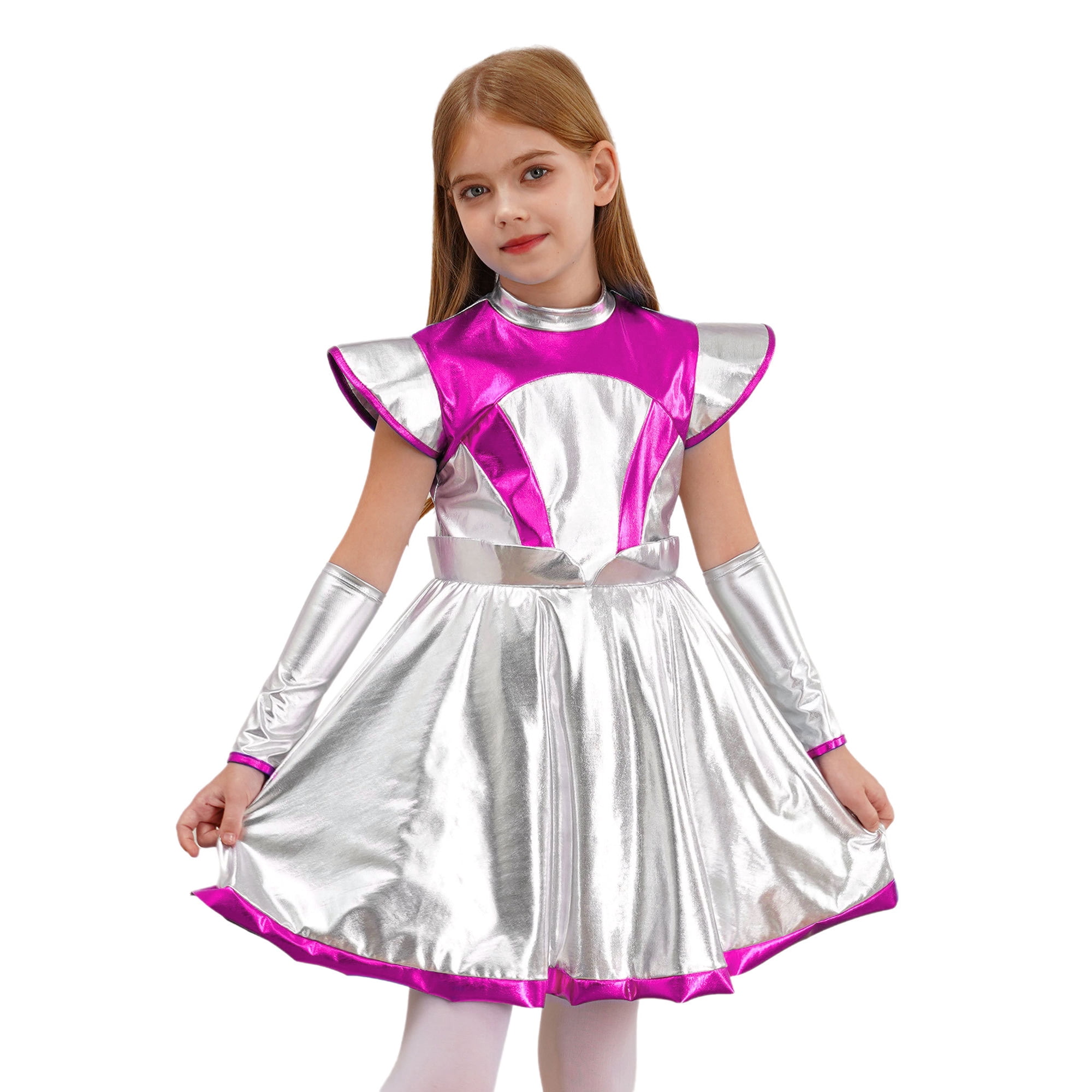 iefiel Kids Girls Metallic Alien Outerspace Theme Party Sets Flying Sleeve  A Line Dance Dress Hot Pink 6 - Walmart.ca