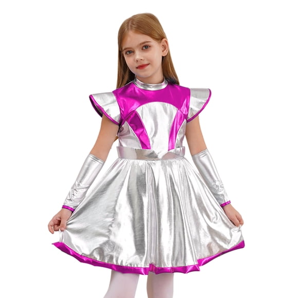 Sxiwei Kids Girl Shiny Metallic Space Alien Dress Cap Sleeve Tutu Dress with Arm Sleeve Halloween Party Dress Up Hot Pink 8