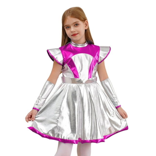 Hansber Costume Cosplay Espace Extraterrestre pour Filles Enfants Manches Courtes Métalliques Robe Tutu de Danse avec Manchette pour Fête d'Halloween Rose Vif 12