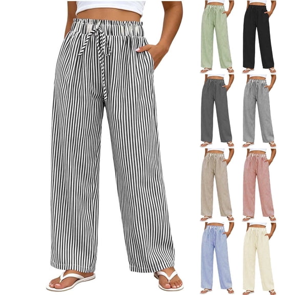 GUACER Women's Striped High-Waisted Wide Leg Pants with Drawstring - Casual Loose Fit Trousers for Summer & Lounge