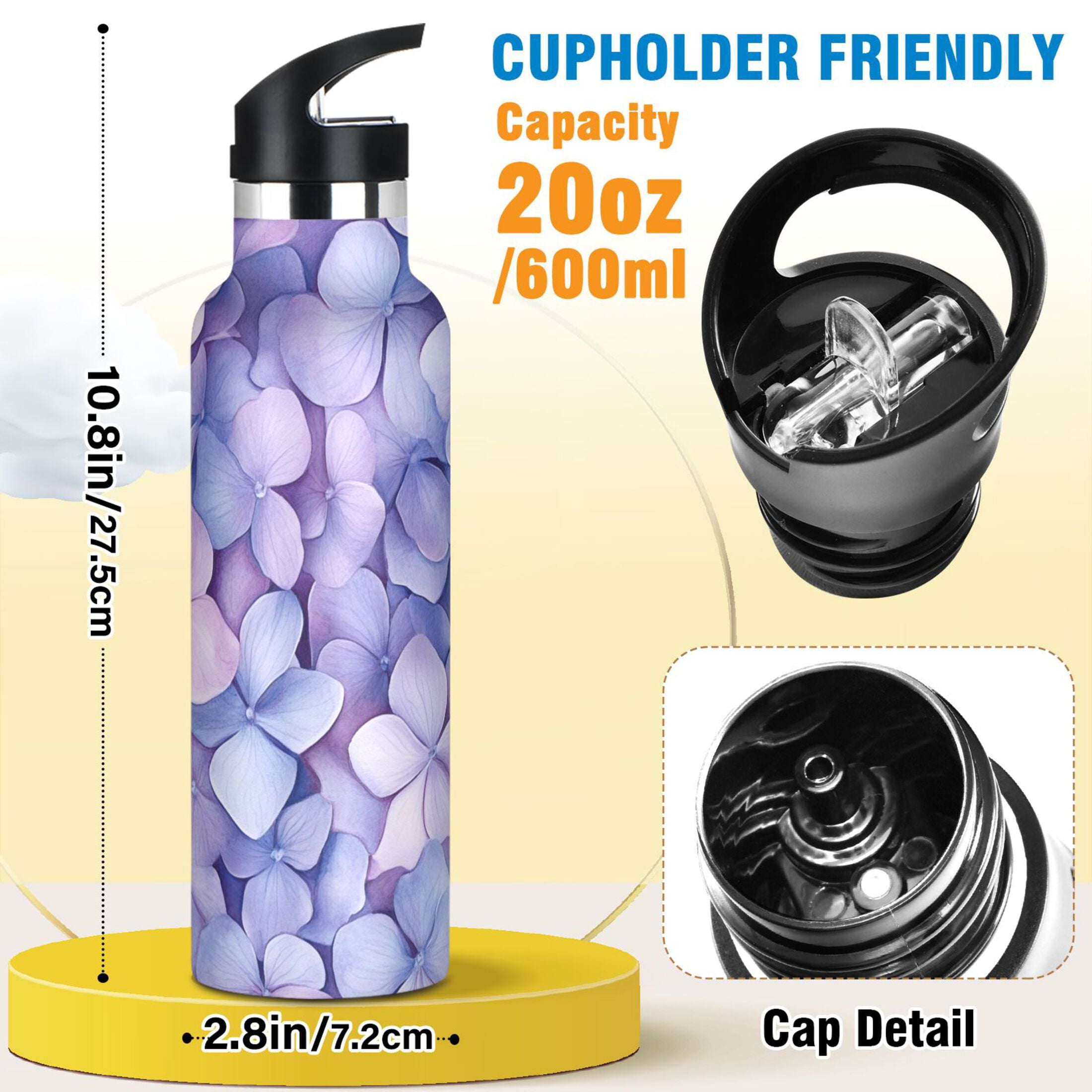 600ML Stainless Steel Insulated Cup Sports Water Bottle Portable Thermos Cup Water Glasses Insulated Tumblers Convenient and Durable Purple Hydrangea Petals