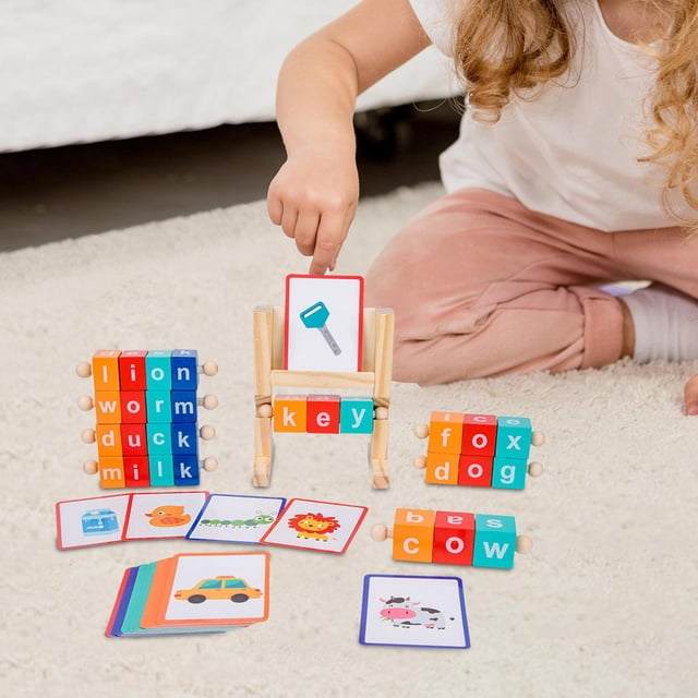 Bloques de lectura de madera, juegos de ortografía, tarjetas flash que giran letras giratorias, juguetes educativos, juego de juego para perfke juegos de deletreo de palabras