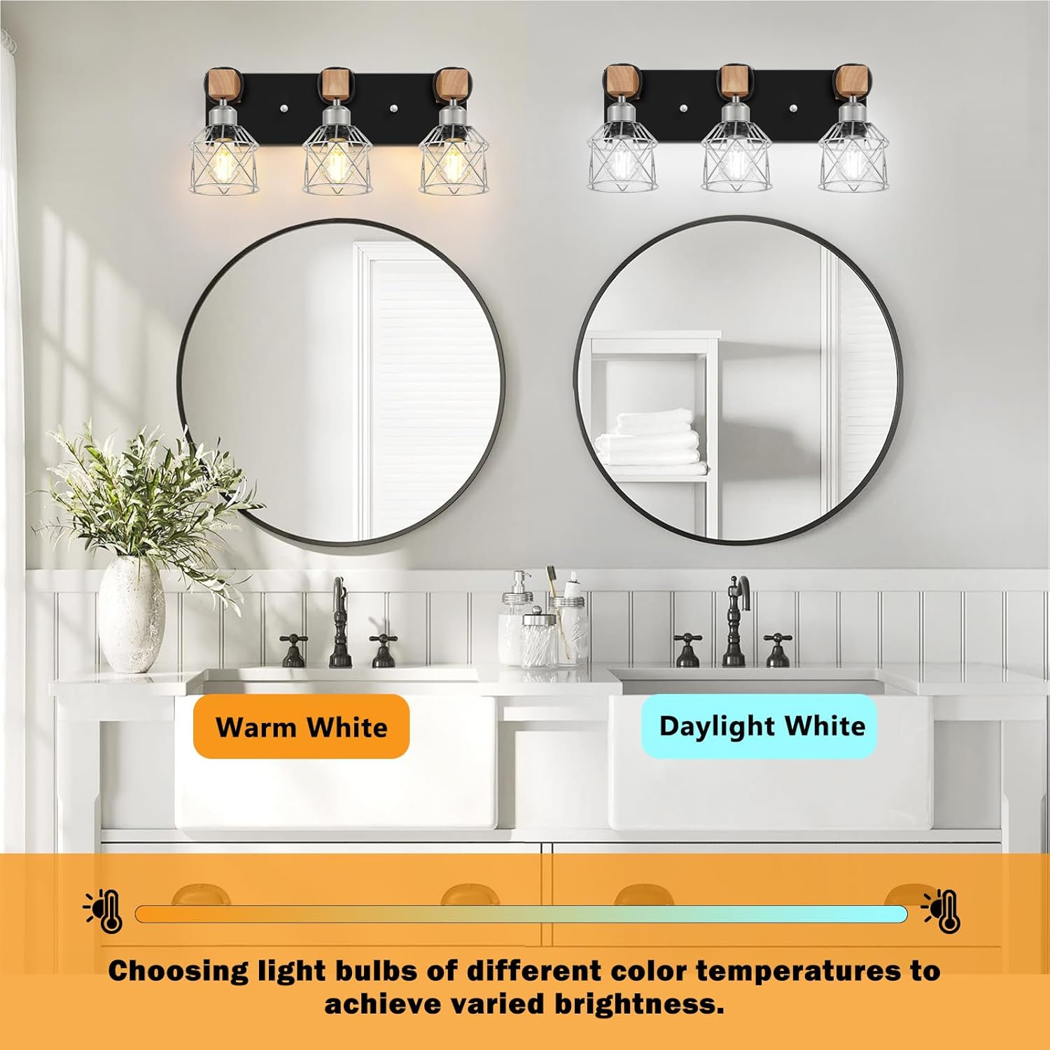 3-Light Wood Bathroom Light Fixtures Over Mirror, Rustic Black Silver Famhourse Sconces Wall Decor with Elegant Metal Lampshade for Living Room, Bedroom, Porch