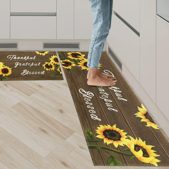 Sunflower Kitchen Mat Set of 2, Yellow Sunflower Kitchen Rugs and Mats Non-skid Washable Kitchen Floor Mats for in Front of Sink, Country Farmhouse Sunflower Kitchen Decor and Accessories(Brown)