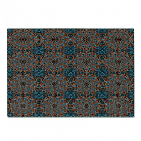 Mandala Cutting Board, Ornate Lace Chinese Pattern Circles Swirls and Dots Flower Illustration, Decorative Tempered Glass Cutting and Serving Board, Small Size, Blue Vermilion Black, by Ambesonne