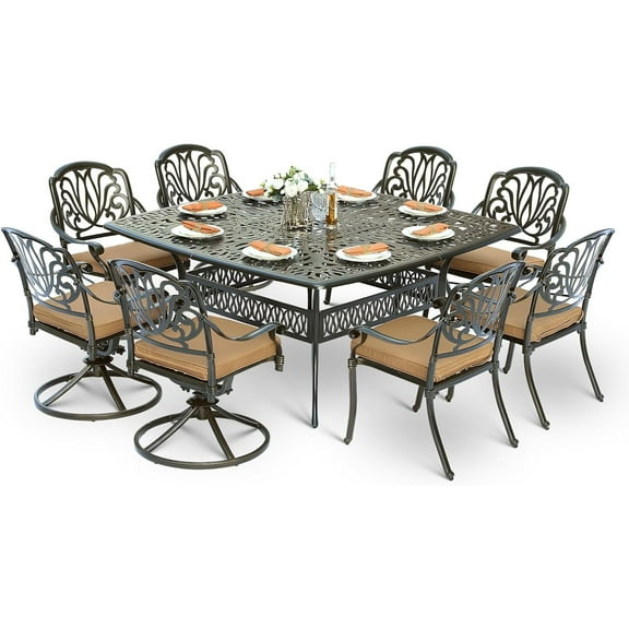 9-Piece Patio Cast Aluminum Dining Set, Outdoor Dining Furniture Set for 8 Person, Includes 64" Square Table, 4 Stationary and 4 Swivel Dining Chairs with Umbrella Hole, Tan