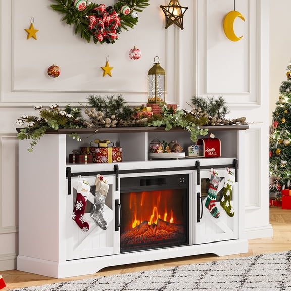 TacleeKii Electric Fireplace TV Stand for Tvs Up to 65", 23" Farmhouse Entertainment Center, Large Storage TV Console, for Living Room, White
