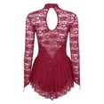 thumbnail image 7 of Kaerm Women Floral Lace Ballet Dance Dress Fingerpoint Sleeves Figure Ice Skating Dress Leotard Wine_Red S, 7 of 7