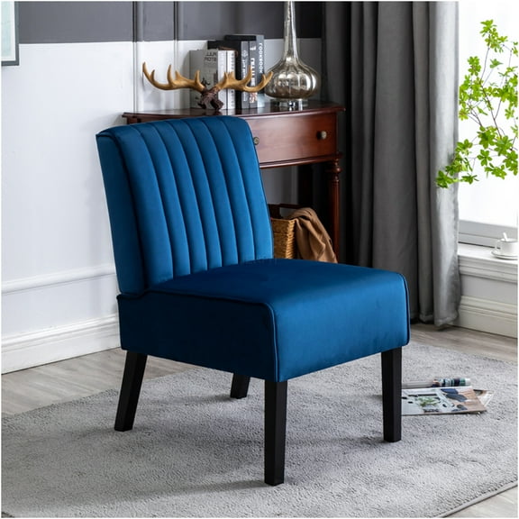 JERFIT Mid Century Modern Accent Chairs Set of 2, Velvet Upholstered Side Chairs with Solid Wood Legs for Living Room, Bedroom, Dark Blue
