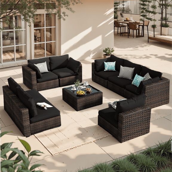 Grezone 9 Pieces Outdoor Patio Furniture, PE Wicker Rattan Sectional Sofa Patio Conversation Sets