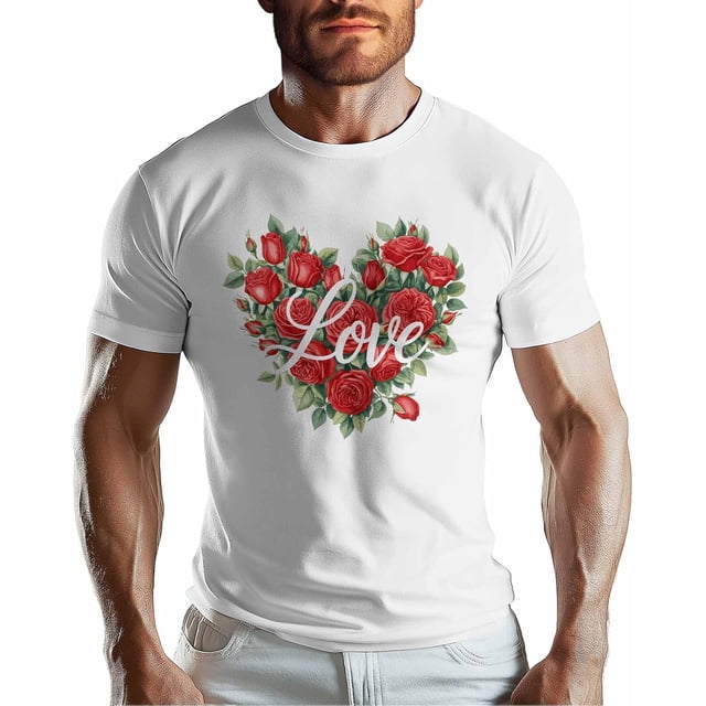 Camisetas para hombre, camiseta de algodón con cuello redondo, diseño de rosa roja y hojas, manga corta, con corazón de San Valentín.