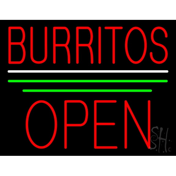 Burritos Block Open Green Line LED Neon Sign 15 x 19 - inches, Clear Edge Cut Acrylic Backing, with Dimmer - Bright and Premium built indoor LED Neon Sign for restaurant window and interior decor.