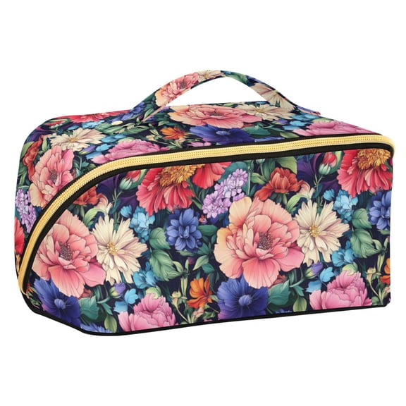 FORMRS Makeup Bag Travel Cosmetic Organizer for Women Fold Flat Zipper Pouch with Handle, Vibrant Pink Floral Pattern