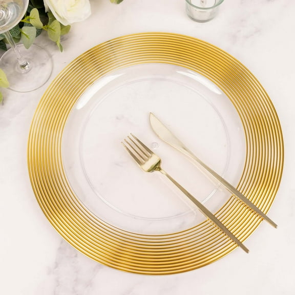 BalsaCircle 6 Clear 13" Round Plastic Charger Plates Gold Lined Trim Party Events Reception Tableware Supplies