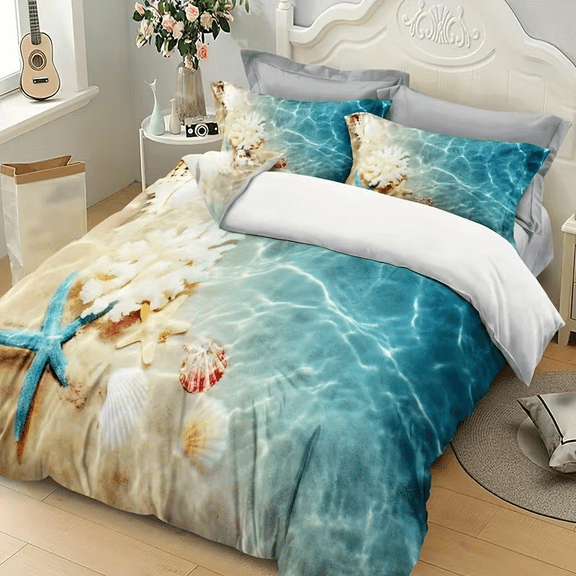 3-Piece Beach Themed Bedding Set, Starfish & Seashell Print, Soft Microfiber, Zipper Closure, Kids Adullts' Ocean Bedroom Decor, Gift for Boys & Girls