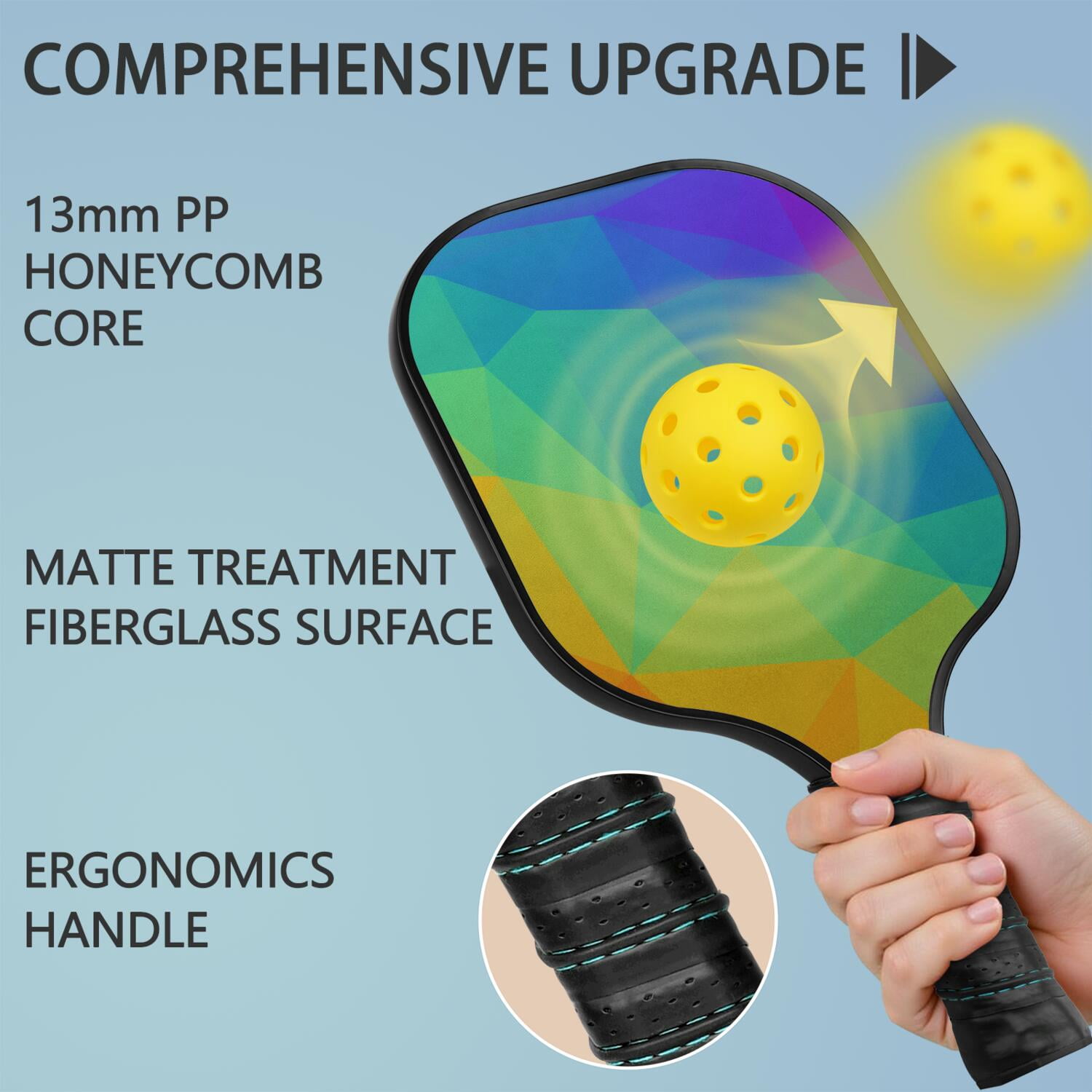 Pickleball Paddles Set Of 2, Fiberglass Surface, Vibrant Rainbow Print, 4 Balls & Bag