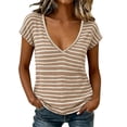 thumbnail image 3 of Feancey Womens Striped T Shirts Short Sleeve V Neck Summer Basic Tees Breathable Lightweight Cotton T-Shirt Dressy Casual Going Out Tops Khaki S, 3 of 8