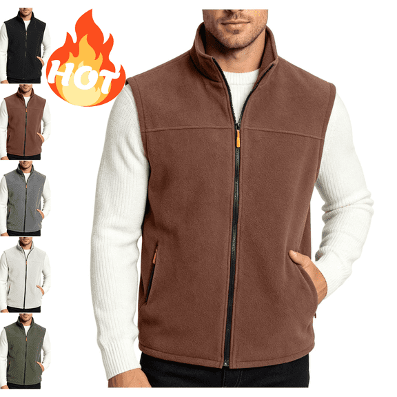 Mifsaly Men Polar Fleece Vest Sleeveless Jacket Full Zip Up Stand Collar Soft Winter Warm Outerwear Golf Casual Lightweight Vest Gilet with Zipper Pockets Brown,XXL