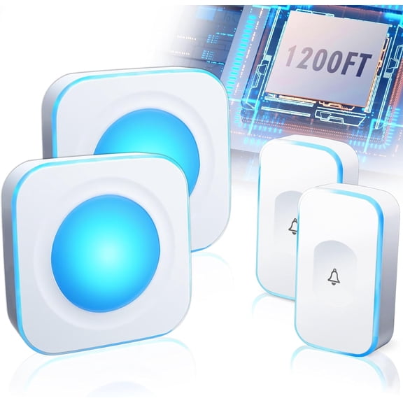 Wireless Doorbell 1200ft Waterproof Door Bells & Chimes Kit 36 Melodies 4 Volume levels with LED Flash For Home Office (2 Receivers&2 Buttons White)