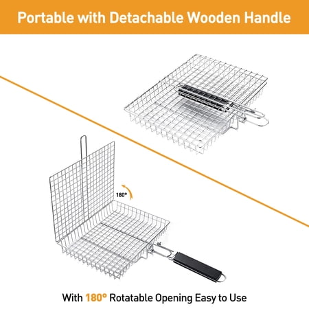 XUEYU FISH GRILLING BASKET, FOLDING PORTABLE BBQ GRILL BASKET FOR FISH VEGETABLES SHRIMP WITH REMOVABLE HANDLE, GRILL BASKET FOR OUTDOOR GRILL，COME WITH BASTING BRUSH AND GLOVES，BARBECUE CLIP