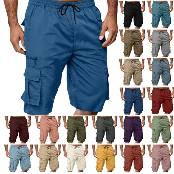 Vhkiploz Plus Size Summer Cargo Shorts for Men's Drawstring Beachwear Board Shorts Solid Color Everyday Work Bermuda Shorts with Multiple Pockets