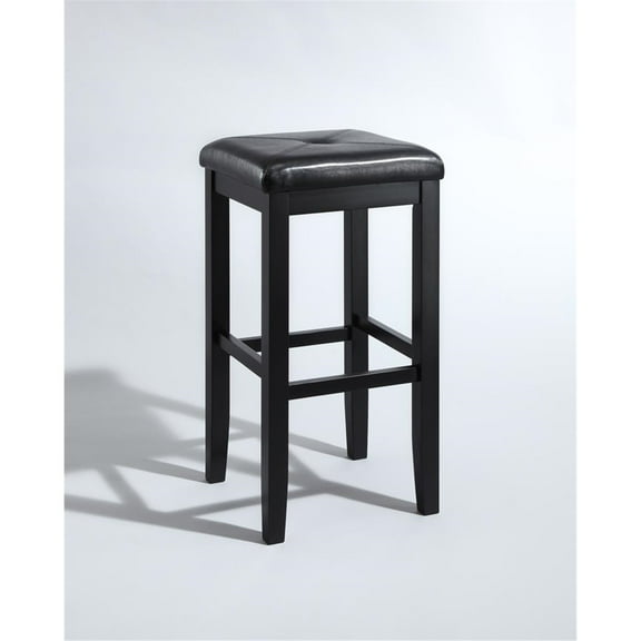 Bar Stools Set of 2 - Square Upholstered Counter Height Stools - Black Faux Leather - Kitchen Dining Room