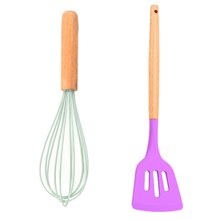 

2 PCS Non-stick Silicone Cooking Utensils Set For Home or Picnic Wooden Handle Heat Resistant