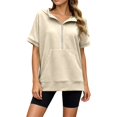 thumbnail image 2 of FASHOFT Half Zip up Hoodie Women Oversized Zipper Sweatshirt Short Sleeve Solid Pullover Spring Fall Tops Beige L, 2 of 6