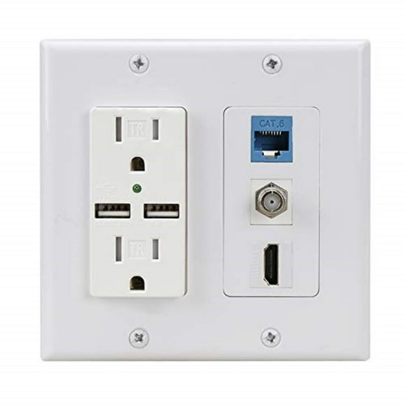 Hdmi USB Outlet Charger Wall Plate,2 Power Outlet 15A with Dual 2.1A USB Charger Port,PHIZLI 1 HDMI HDTV + 1 CAT6 RJ45 Ethernet + Coaxial Cable TV F Type Keystone Face Plate White