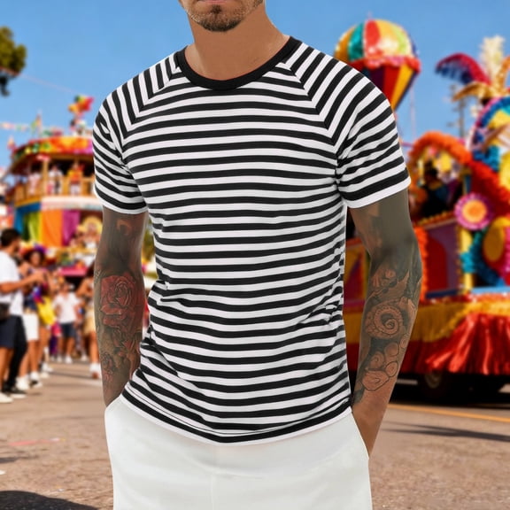 Mens T-shirts Short Sleeve Striped Print Casual T Shirt Crewneck Carnival Festival Daily Wear Graphic Tees Black L