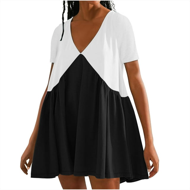 Robe à Col en V pour Femmes, Robe à Blocs de Couleur Longueur Genou, Robe Décontractée Sans Manches pour Femmes, Robe d'Été Résistante aux Plis