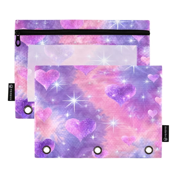 2 Pack 3 Ring Binder Pouch with Clear PVC Window Water Resistant Zipper Pencil Pouch Sparkle Purple Pink Heart Print Binder Pocket for Classroom Office Home Stationery Organization
