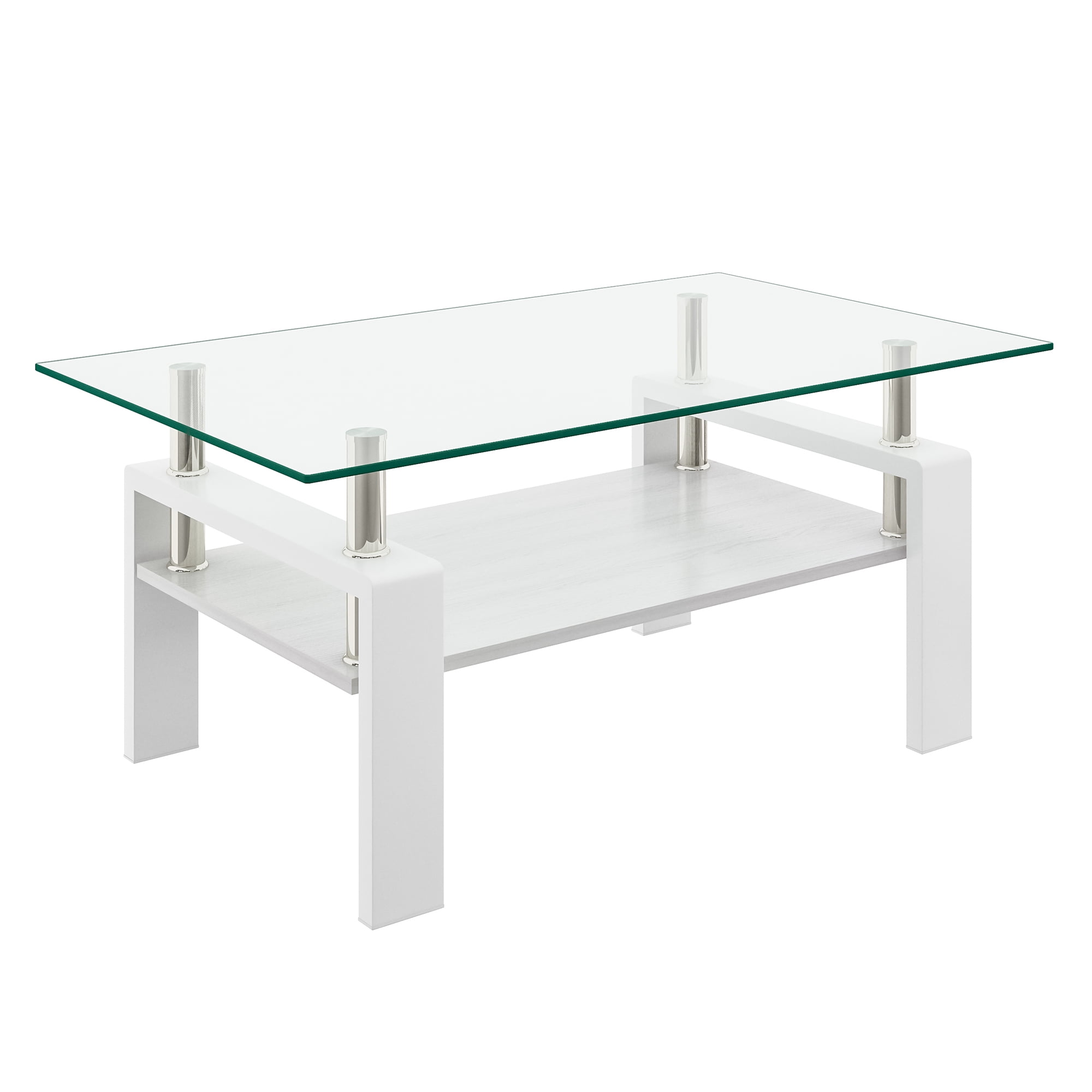 MAYEERTY Rectangle Coffee Table with Transparent Tempered Glass & MDF Shelf