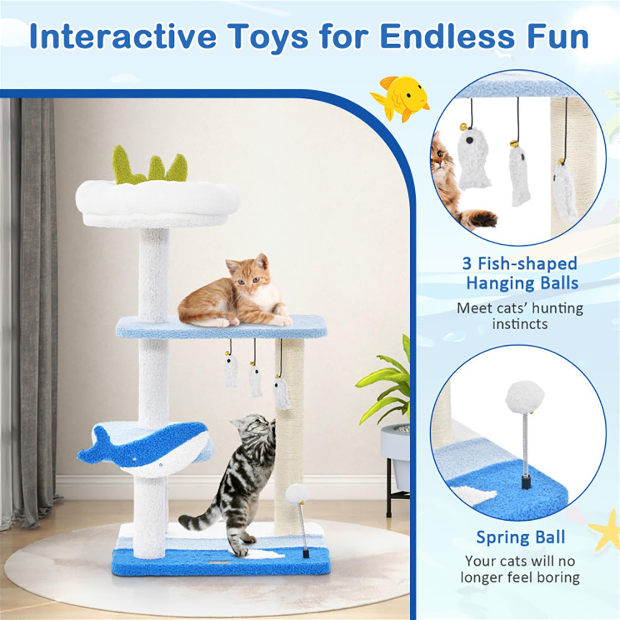 Kadyn 34" Cat Tree with Scratching Posts, Cat Tower with Padded Plush Perch, Multi-Platform for Jump, Blue
