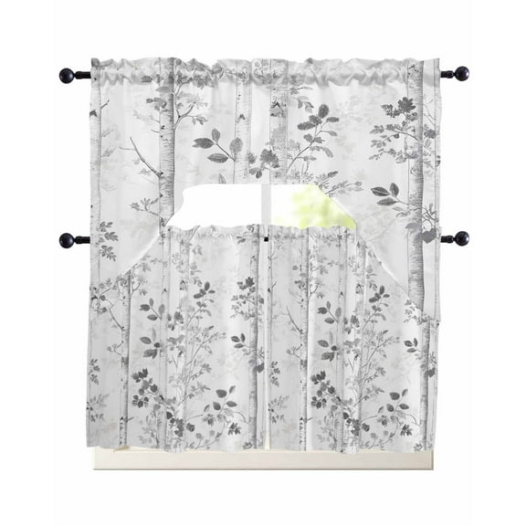 Grey Forest Branches Kitchen Curtains Swag Valance and Tier Curtains Set 24 Inch Length, Vintage Tree Leaves Rod Pocket Drape Panels Pair Swag Curtain for Bathroom/Cafe/Window