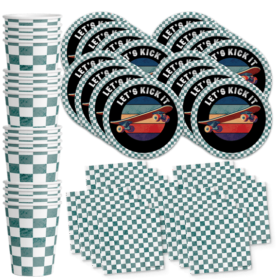 Skateboarding - 48 Piece Birthday Party Supplies Set - Disposable Tableware Kit Includes 8 Inch Dessert Plates Napkins and Cups for 16 Guests