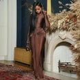 thumbnail image 3 of Women's Turtleneck Long Sleeve Pleated Lace-up Long Dress & Ribbons, Solid Color, 2pcs Set, 3 of 25