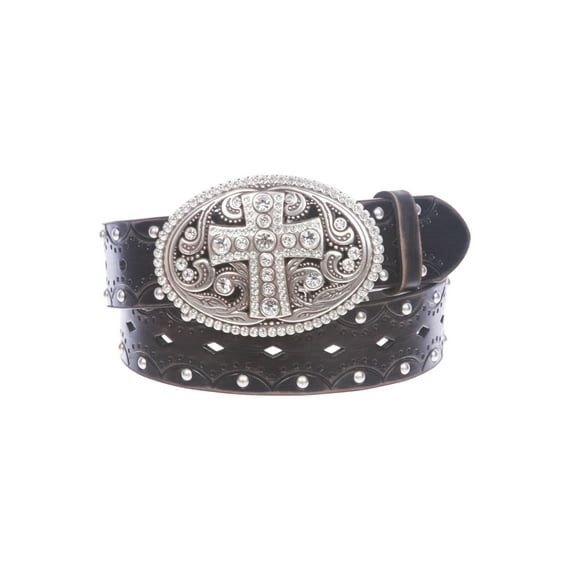 Studded Perforated Embossed Leather Belt With Rhinestone Bling Cross Buckle