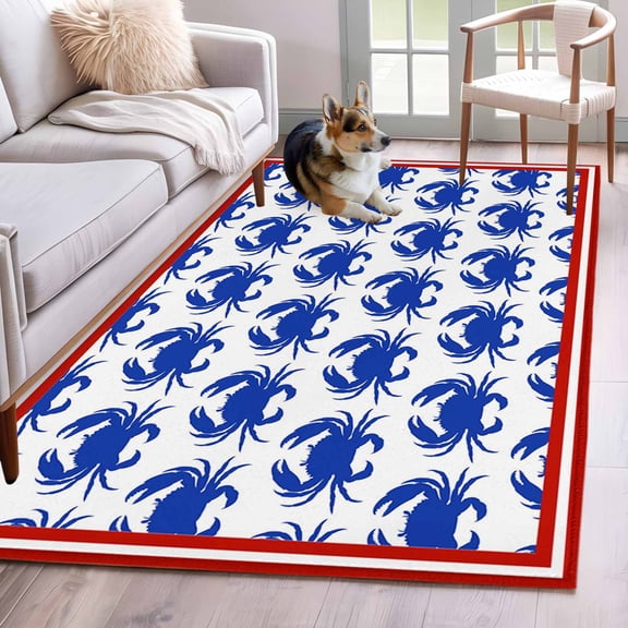 Blue Coastal Carb Area Rugs 3'x5', Washable Small Throw Rugs for Living Room Bedroom, Nautical Ocean Marine Life Red Striped Indoor Outdoor Rug Non-Slip Low Pile Carpet Runner Reversible Floor Mats